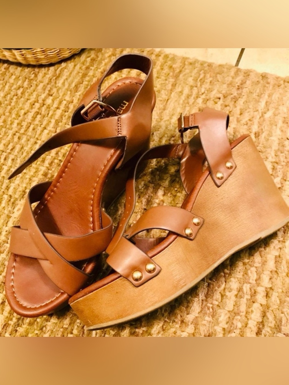Maurices Tan Brown Leather Platform Wedge Sandals